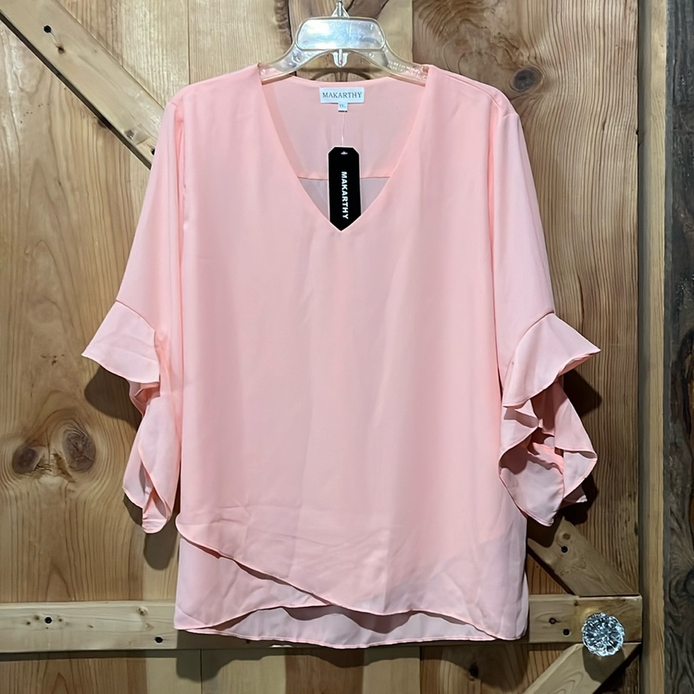 NWT Makarthy size XXL peach color 3/4 sleeve blouse ruffle dressy casual tunic